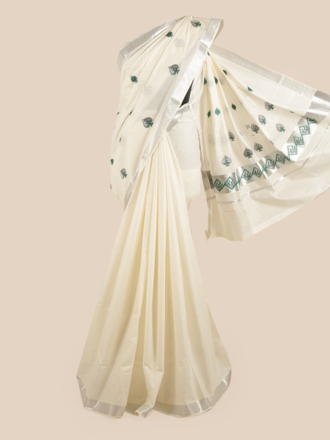 

Pothys Off White & Green Ethnic Motifs Embroidered Zari Pure Cotton Kasavu Saree