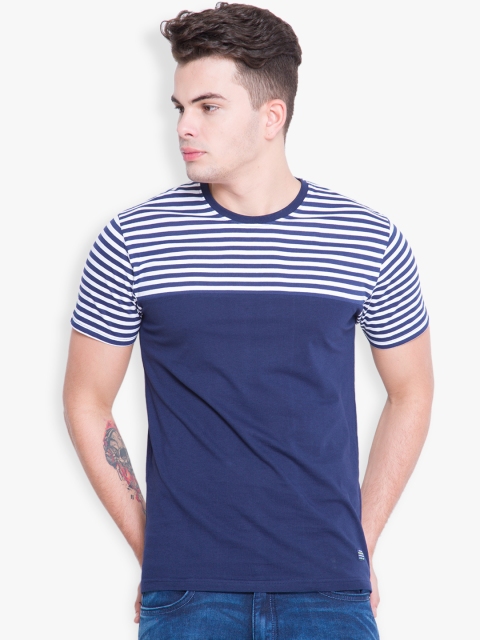 

HIGHLANDER Men Navy & White Striped T-shirt, Navy blue