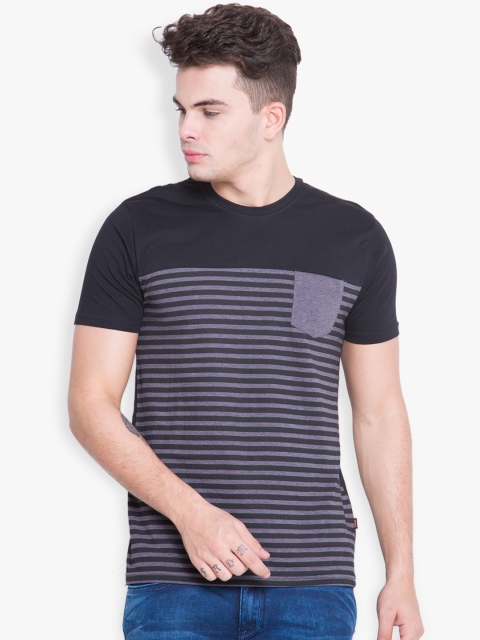 

HIGHLANDER Men Black Striped Round Neck Slim Fit T-shirt