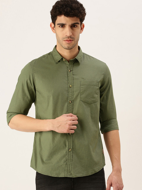 

Flying Machine Men Olive Green Slim Fit Solid Opaque Cotton Casual Shirt