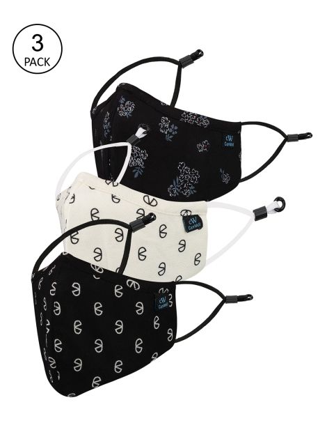 

CENWELL Unisex Pack Of 3 Printed 6-Ply Reusable Pure Cotton Outdoor Cloth 3D Face Masks, Black