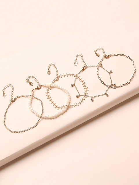 

Accessorize Women Set of 5 White & Gold-Toned Brass Gold-Plated Charm Anklets