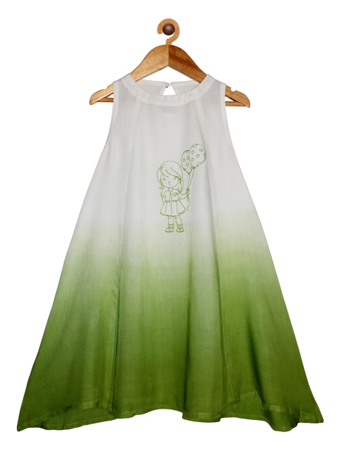 

KiddoPanti Girls Green & White Dyed Thread Work Kurta