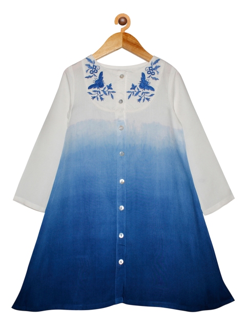 

KiddoPanti Girls Blue & White Ombre Full Sleeve Long Kurta With Yoke Embroidery