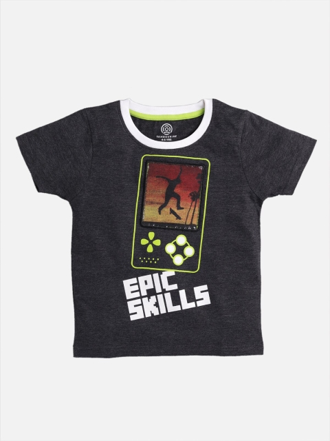 

TAMBOURINE Boys Charcoal Fluorescent Green Typography Printed Pure Cotton T-shirt
