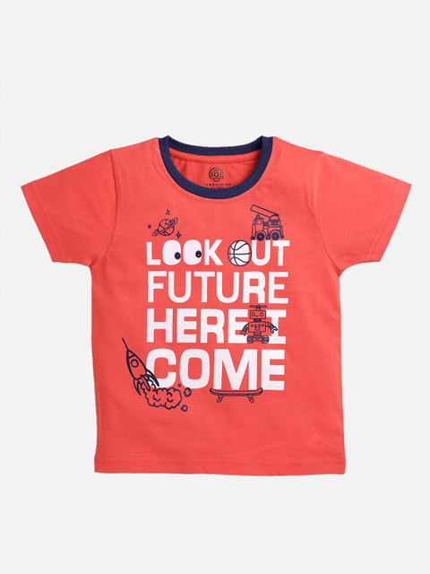 

TAMBOURINE Boys Orange Pure Cotton Typography Printed Pure Cotton T-shirt