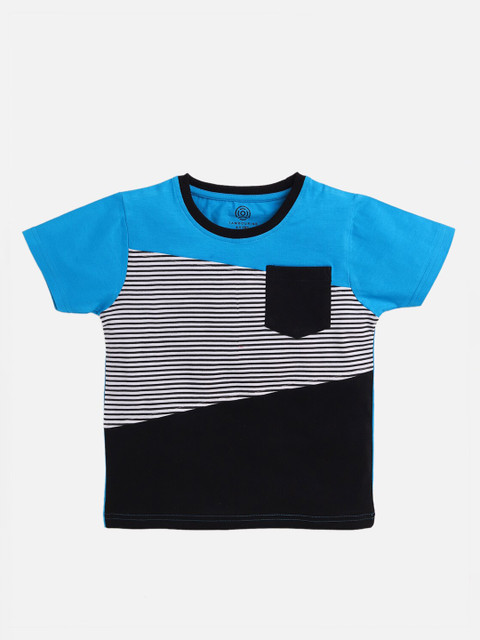 

TAMBOURINE Boys Black & Blue Striped Pure Cotton T-shirt