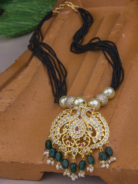 

Alankruthi Gold-Plated Green & Pink Cubic Zirconia American Diamond-Studded Multistrand Contemporary Pendant