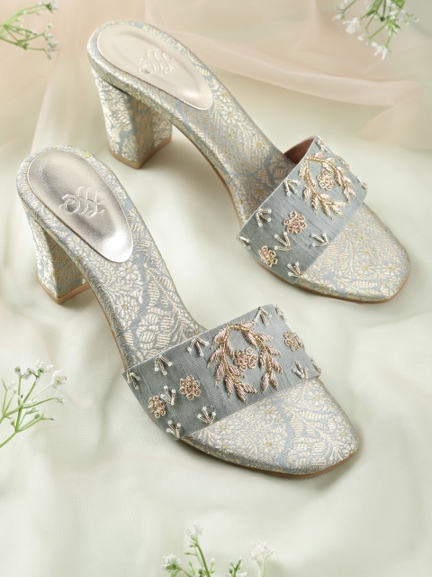 

House of Pataudi Powder Blue & Gold-Toned Embroidered Handcrafted Open Toe Block Heels