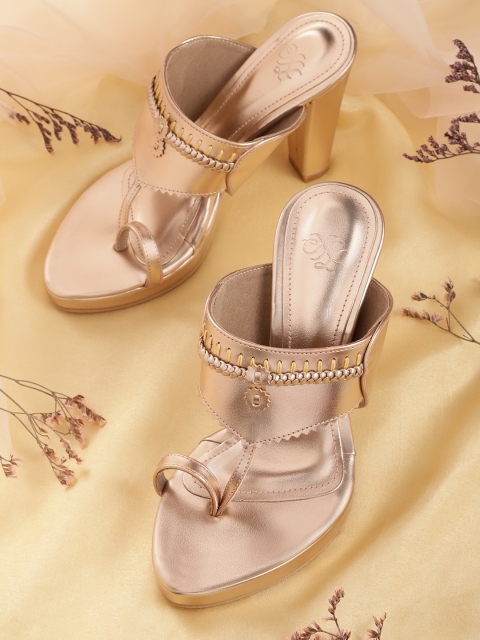 

House of Pataudi Rose Gold-Toned Solid Handcrafted Block Heels with Pouch