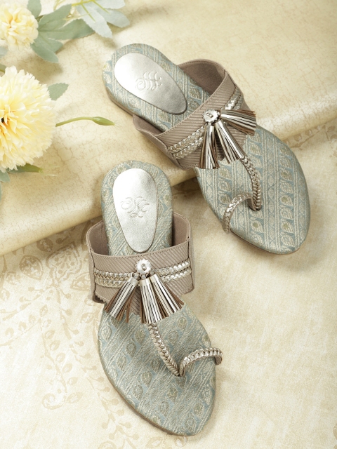 

House of Pataudi Women Muted Gold-Toned Handcrafted Braided One Toe Flats with Tassels