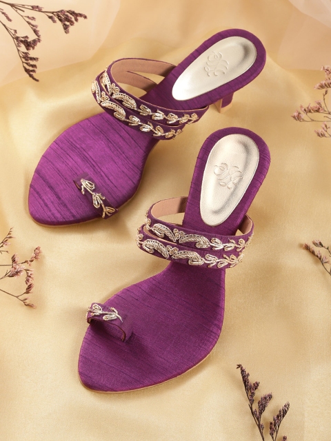 

House of Pataudi Purple & Gold-Toned Embroidered Handcrafted One Toe Heels