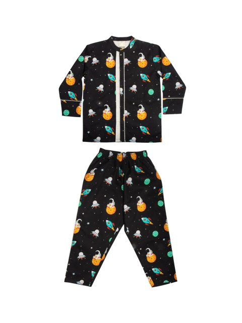 

CASA DE NEE Unisex Kids Black & Orange Graphic Printed Pure Cotton Night suit