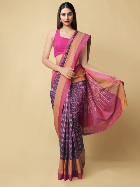 

Unnati Silks Purple & Pink Pure Cotton Ikat Handloom Pochampally Saree