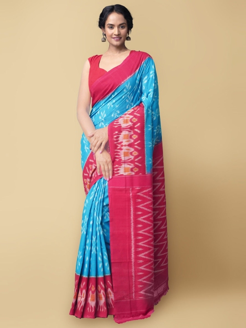 

Unnati Silks Blue & Pink Batik Pure Cotton Ikat Handloom Pochampally Saree
