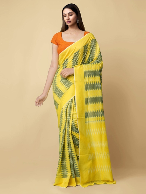 

Unnati Silks Yellow & Olive Green Pure Cotton Ikat Handloom Pochampally Saree