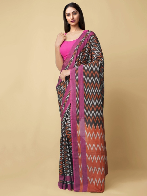 

Unnati Silks Black & Orange Pure Cotton Ikat Handloom Pochampally Saree