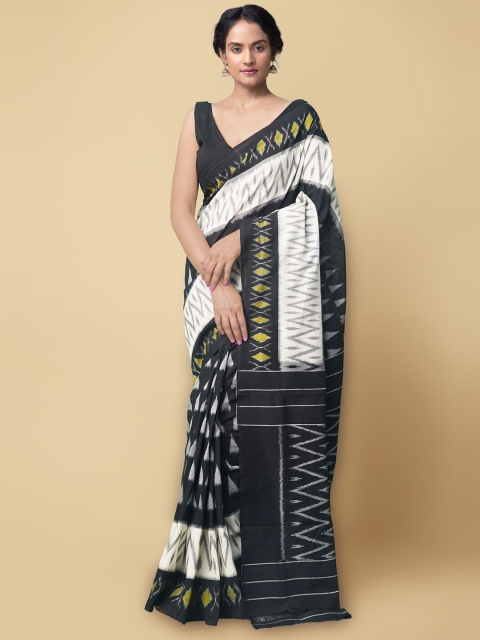 

Unnati Silks Black & White Pure Cotton Ikat Handloom Pochampally Saree