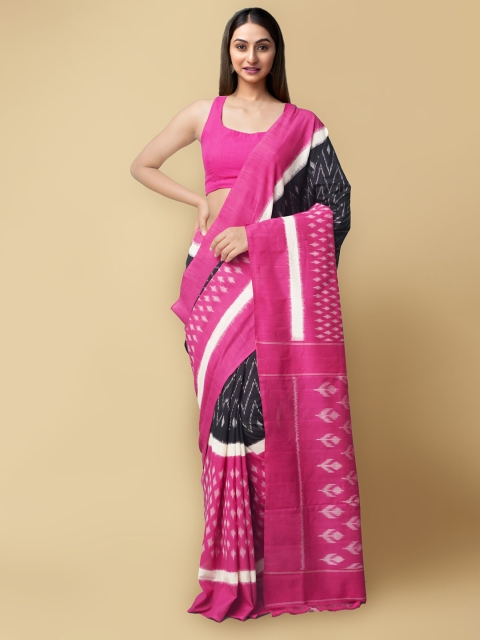 

Unnati Silks Black & Pink Pure Cotton Ikat Handloom Pochampally Saree