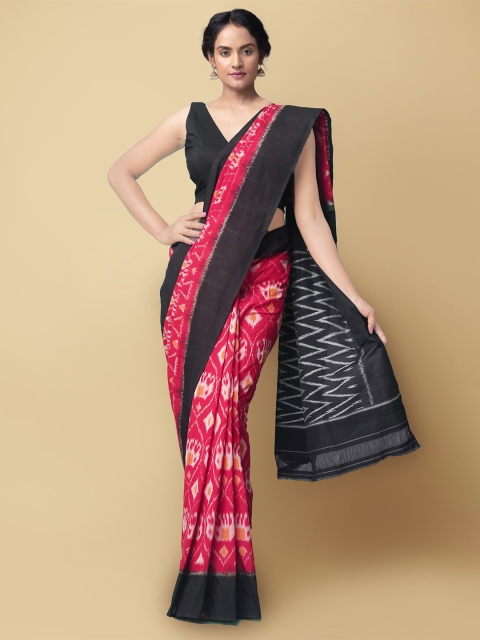 

Unnati Silks Red & Black Pure Cotton Ikat Handloom Pochampally Saree