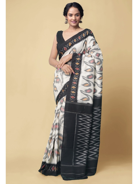 

Unnati Silks Cream-Coloured & Black Floral Pure Cotton Ikat Handloom Pochampally Saree