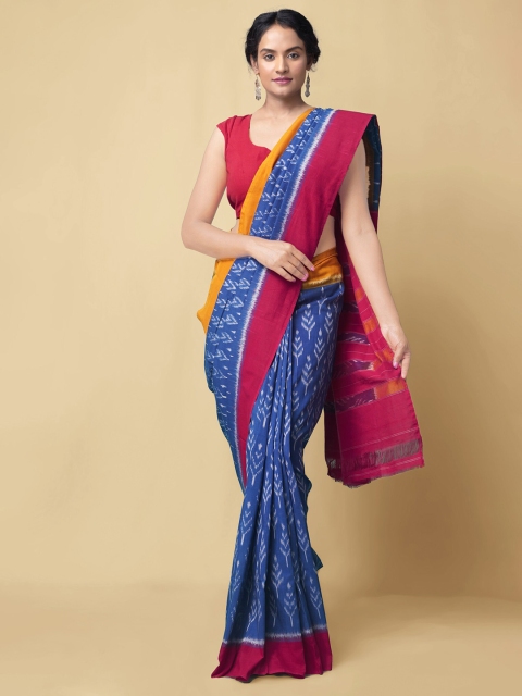

Unnati Silks Blue & Burgundy Batik Pure Cotton Ikat Handloom Pochampally Saree