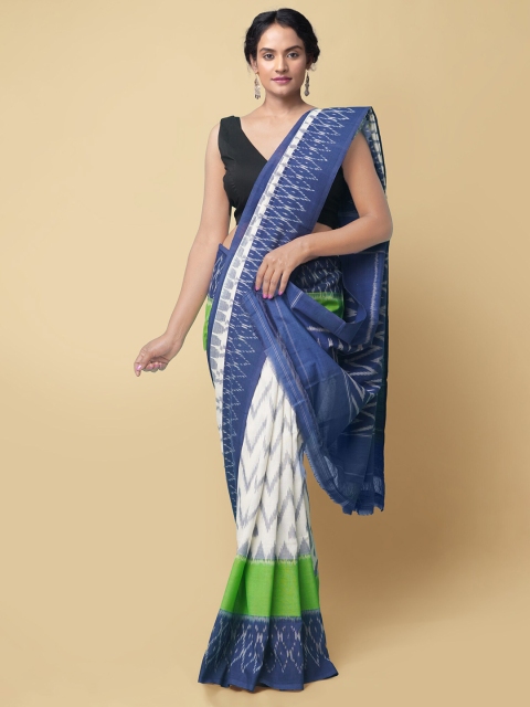 

Unnati Silks Cream-Coloured & Blue Pure Cotton Ikat Handloom Pochampally Saree