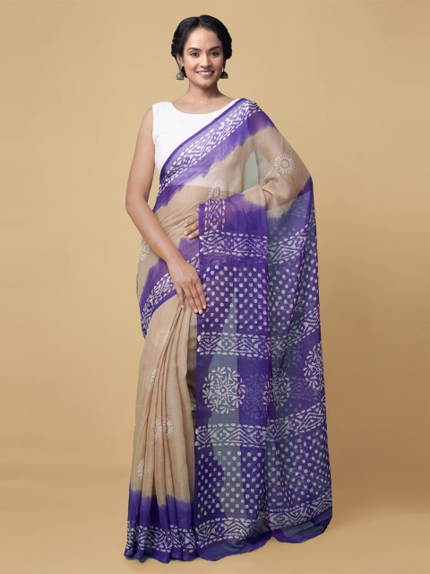 

Unnati Silks Beige & Blue Batik Pure Cotton Handloom Kota Saree