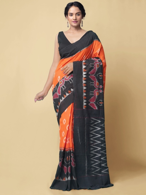 

Unnati Silks Orange & Black Pure Cotton Ikat Handloom Pochampally Saree