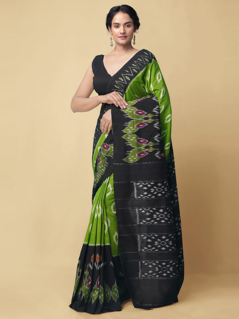 

Unnati Silks Green & Black Pure Cotton Ikat Handloom Pochampally Saree