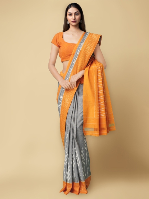 

Unnati Silks Grey & Orange Woven Design Pure Cotton Ikat Handloom Pochampally Saree