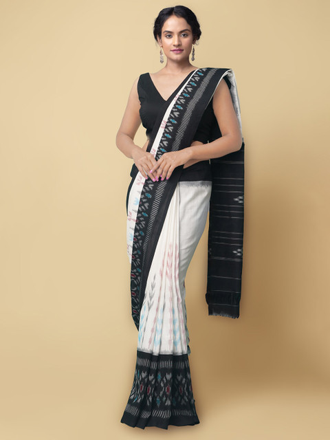 

Unnati Silks Off White & Black Floral Pure Cotton Ikat Handloom Pochampally Saree