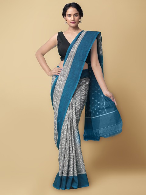 

Unnati Silks Grey & Teal Pure Cotton Ikat Handloom Pochampally Saree