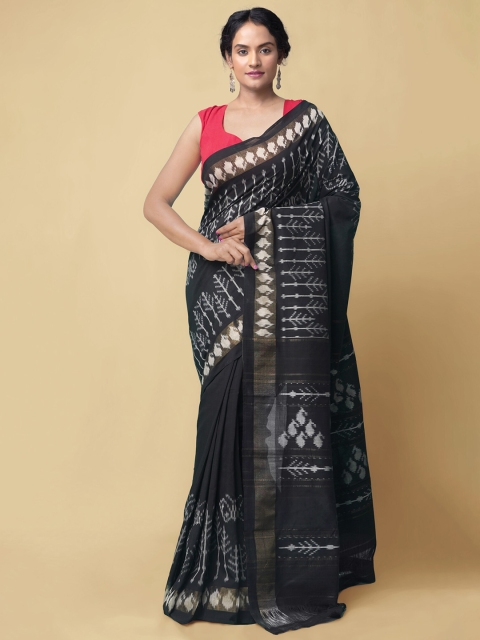 

Unnati Silks Black & Off White Floral Pure Cotton Ikat Handloom Pochampally Saree