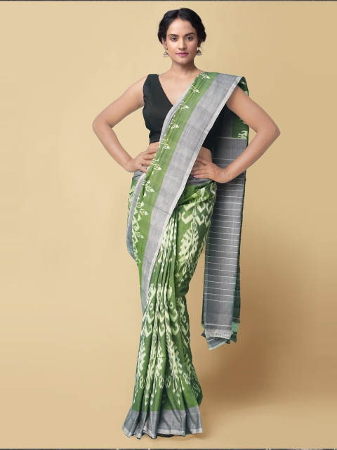 

Unnati Silks Green & Grey Dabu Pure Cotton Ikat Handloom Pochampally Saree