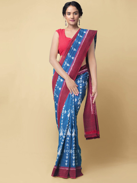 

Unnati Silks Blue & Burgundy Ethnic Motifs Pure Cotton Ikat Handloom Pochampally Saree