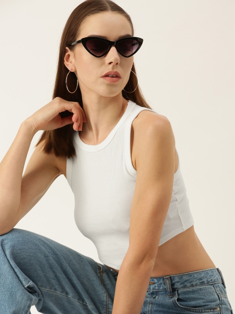 

FOREVER 21 White Ribbed Scalloped Fitted Crop Top