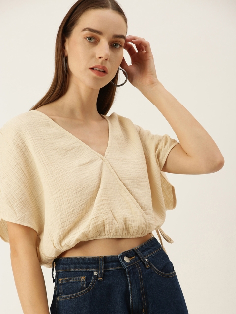 

FOREVER 21 Beige Batwing Sleeves Wrap Crop Top