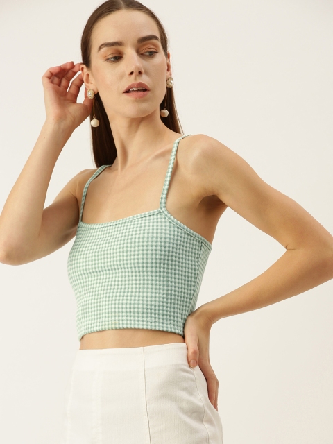 

FOREVER 21 White & Green Checked Fitted Crop Top