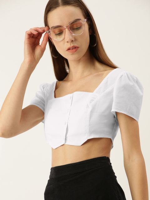 

FOREVER 21 White Solid Smocked Button-Front Crop Top