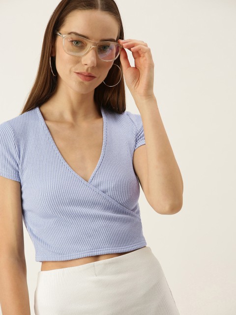 

FOREVER 21 Blue Ribbed Wrap Crop Top