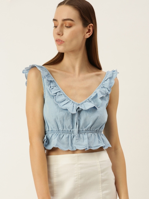 

FOREVER 21 Blue Ruffles Chambray Cinched Waist Crop Top