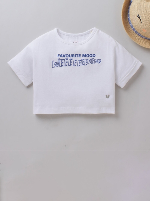

Ed-a-Mamma Girls White and Blue Pure Cotton Typography Printed Crop Top
