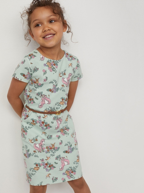 

H&M Kids Green & Pink Printed Belted Dress