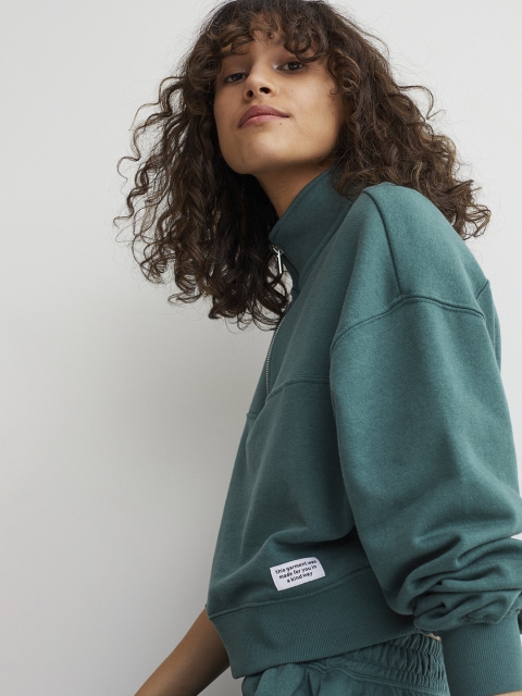 

H&M Women Green Solid Crop Zip-Top Sweatshirt