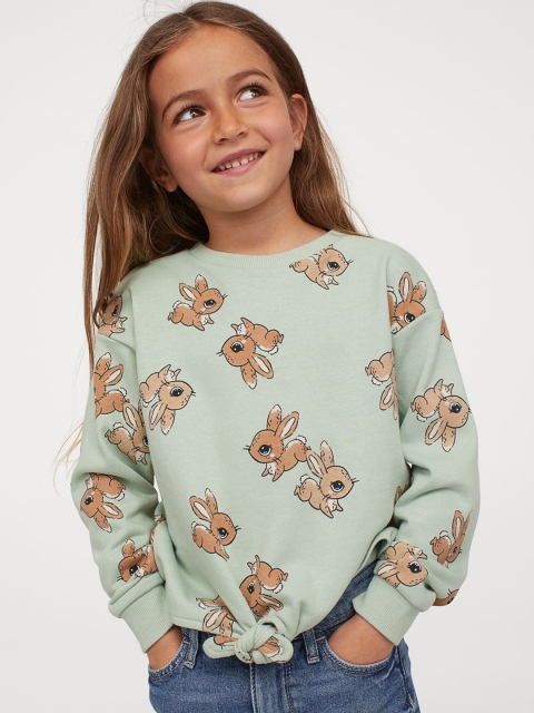 

H&M Girls Printed Tie-Detail Boxy Sweatshirt, Green
