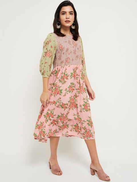 

max Multicoloured Floral Printed Smocked A-Line Midi Dress, Multi