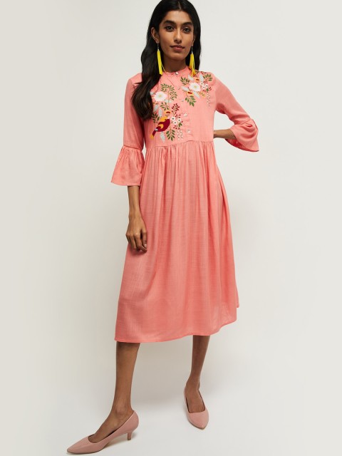 

max Coral & Multicoloured Floral Embroidered Midi Dress