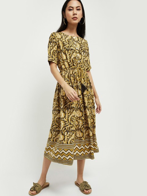 

max Mustard Yellow & Black Ethnic A-Line Midi Dress