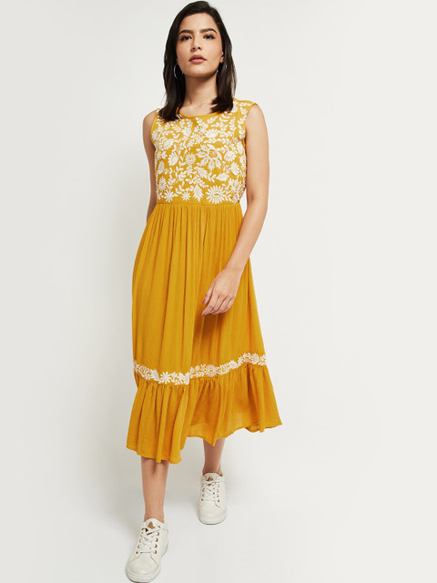 

max Women Yellow Fit & Flare Floral Embroidered Midi Dress
